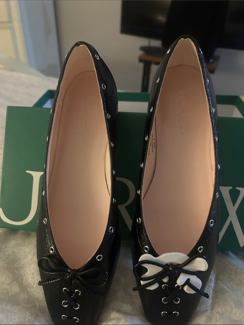 J. Crew Black Ballet Flats with Pale Pink Lining and Bow Accent